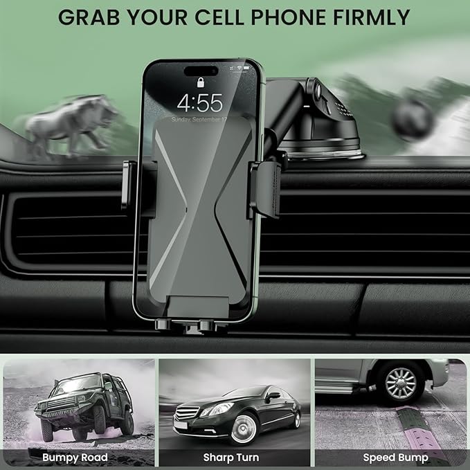 Universal Car Phone Mount Holder - [Military-Grade Suction Cup & Secure Clip] 3-in-1 Windshield, Dashboard, Air Vent Car Phone Mount Compatible with All iPhone & Smartphones