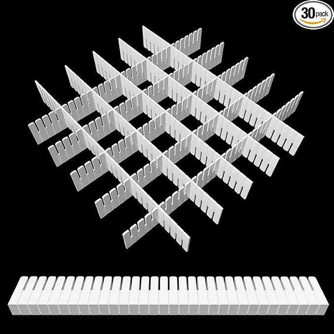 30Pcs Adjustable Drawer Organizer, White Plastic DIY Grid Drawer Dividers, 15.75x1.97x0.1in, for Socks, Underwear, Makeup, Co