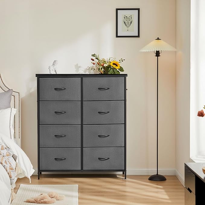 DUMOS 8 Drawer Dresser for Bedroom, Fabric Storage Organizer with Sturdy Metal Frame, Wooden Top Chest of Drawers for Closet 