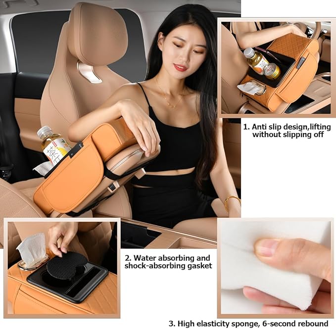 Car Armrest Cushion,5-in-1 Center Console Cover with 2 Storage Bags Cup Holder, Tissue Box Slot, Phone Slot for Sedans, Car Accessories Interior Organizers (Gey)