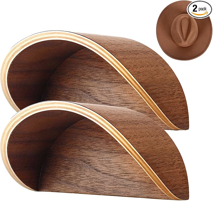Cowboy Hat Rack for Wall,2 Pack Wooden Hat Holder,with Satin Finish Hat Hooks,Non-Damage Brim Design Can Keeps Original Shape