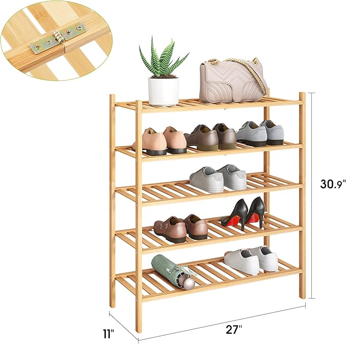 BMOSU 5-Tier Bamboo Shoe Rack Premium Stackable Shoe Shelf Storage Organizer for Hallway Closet Living Room Entryway Organize