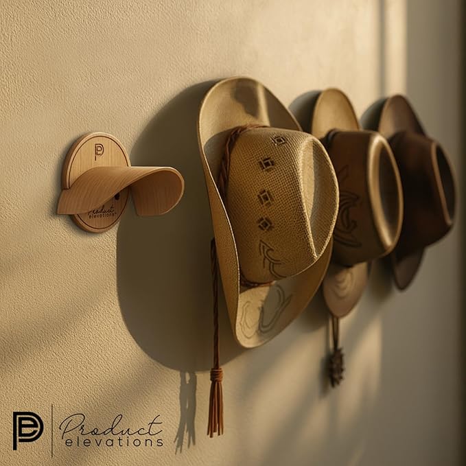 Hat Hooks for Wall Set of 2 – Cowboy Hat Hanger for Fedoras, Caps & Wide Brim Hats – Wooden Curved Rack Preserve Hat Shape – 