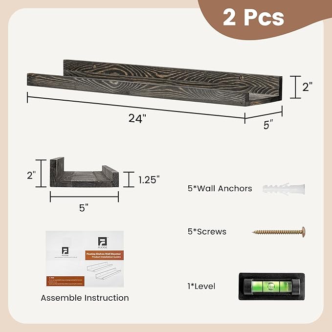 24 Inches Floating Shelves for Wall, Solid Pine Wood Picture Ledge Shelves, Wall Shelves with Lips, Nursery Book Shelves for 