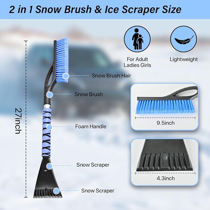 27" Snow Brush and Ice Scrapers Detachable Pivoting, Soft Bristle Head,Foam Grip, for Car,Trucks,or SUV Window & Windshield Tool (2pcs)