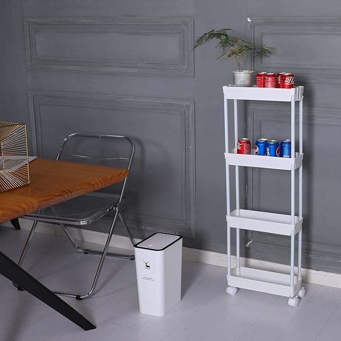 Sooyee 4 Tier Slim Storage Cart Mobile Shelving Unit Organizer Slide Out Storage Rolling Utility Cart Tower Rack for Kitchen 