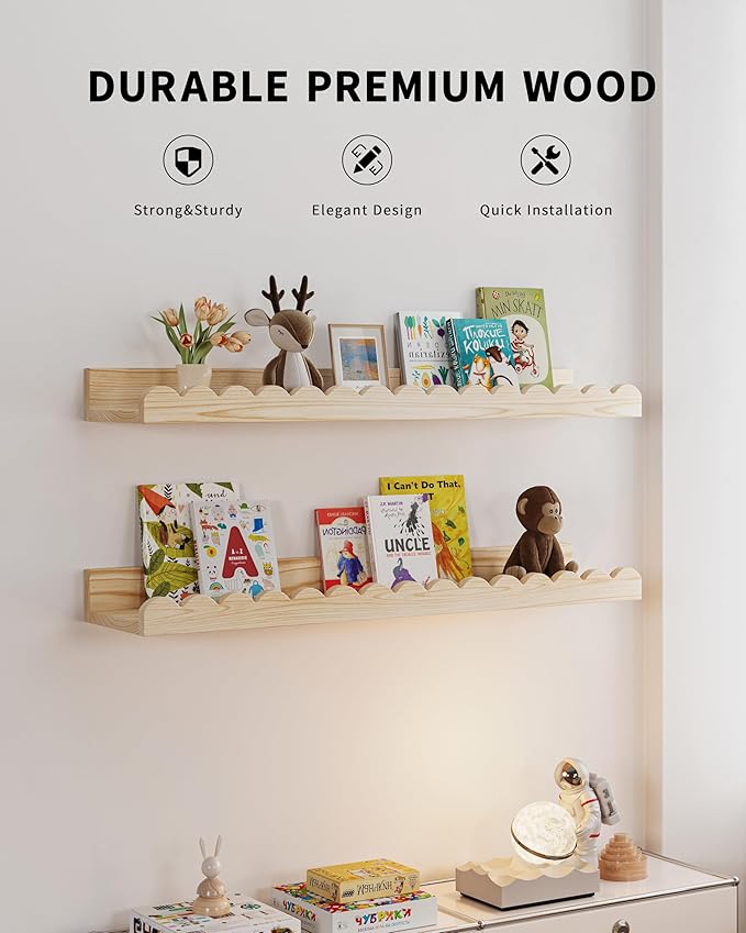 Shario Nursery Book Shelves, 4-Pack Wood Floating Shelves for Wall Kids, Scalloped Shelves, Wall Book Shelves for Bedroom Kid