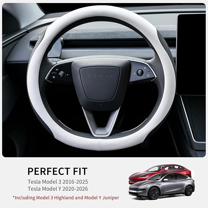 Premium Leather Steering Wheel Cover for Tesla Model 3/Y 2016-2025 2026 Juniper/Highland, Non-Slip Breathable Tesla Model 3/Y Steering Wheel Protector, White