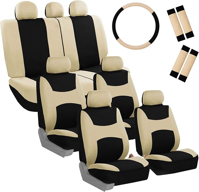 FH Group Light & Breezy Cloth Car Seat Covers, 7 Seater Three Row Set- Airbag & Split Ready -Universal for Cars Trucks and SU