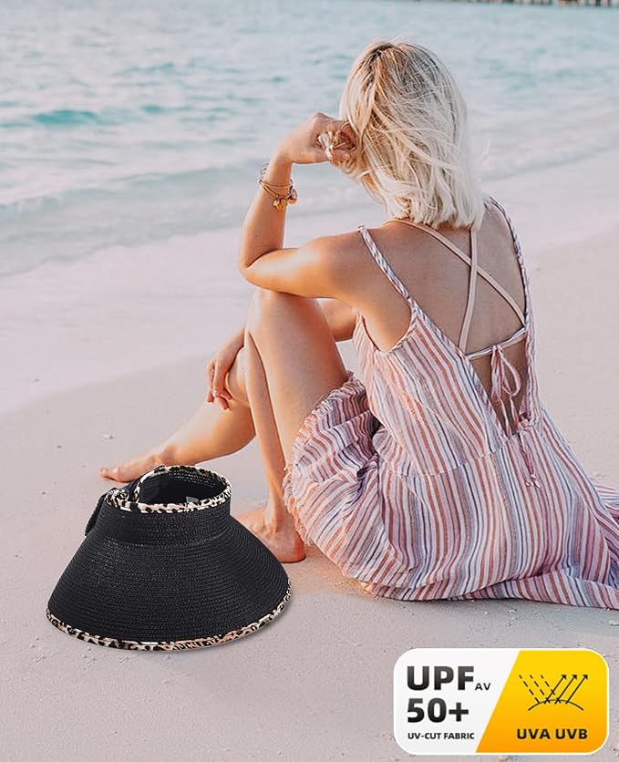 Sun Visor Hat for Women, Wide Brim Straw Summer UV Protection Hat, Foldable Roll-up Packable Beach Cap