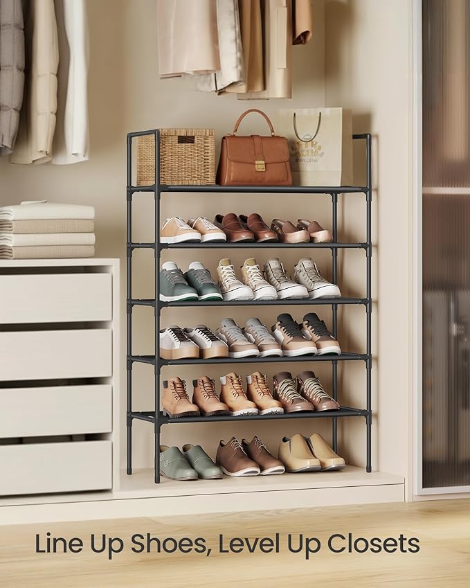 SONGMICS 5-Tier Shoe Rack, Shoe Storage for Hallway Closet, Slim and Space-Saving, Metal Frame, Non-Woven Fabric Shelves, Bla