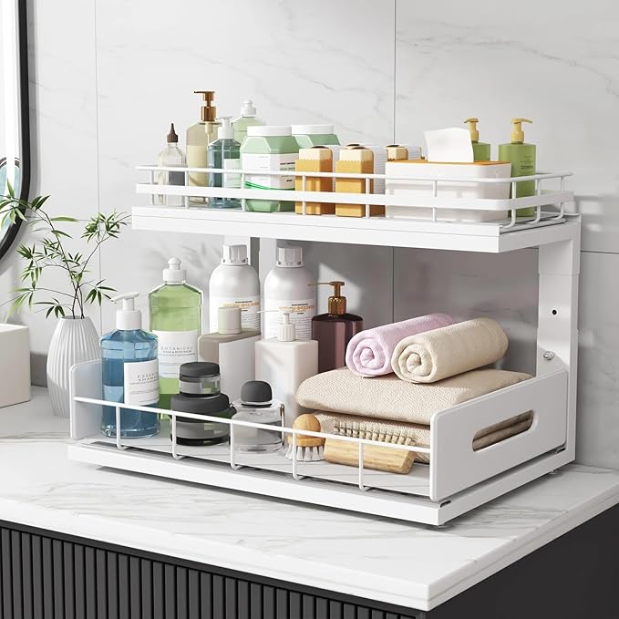Under Sink Organizer Upgrade To Professional Rails,2-Tier Dual Pull Out Cabinet Storage,Height Adjustable Slide Out Drawers F