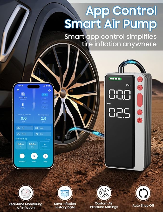 Tire Inflator Portable Air Compressor, Silver Smart Air Pump for Car Tires, All-in-One Storage Bike Tire Pump with LED Light, 10000mAh&150PSI Pump for Motor, Bicycle and More, Auto Shut-Off