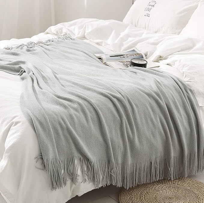 Homiest Decorative Knitted Throw Blanket with Fringe Soft & Cozy Tassel Blanket for Couch Sofa Bed (Light Grey,50x60)