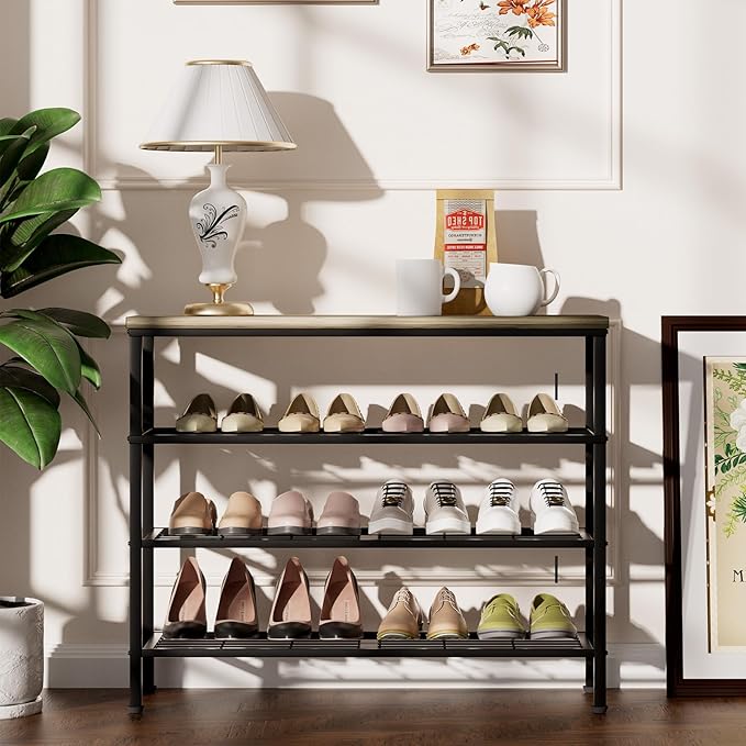 4-Tier Metal Shoe Rack with Wood Top - Durable & Space-Saving Shoe Organizer,Industrial Shoe Organizer Shelf Bench Storagefor