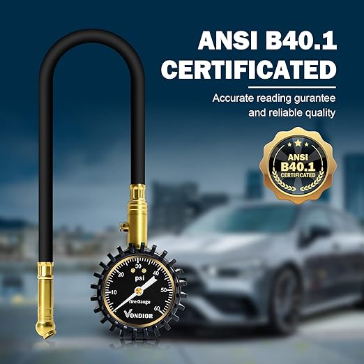 Vondior Tire Pressure Gauge with Tube (0-60 PSI), Air Pressure Gauge Certified ANSI Accurate with Large Easy to Read Glow Dial, Tire Pressure Gauge for Car Trucks Bicycle Tires
