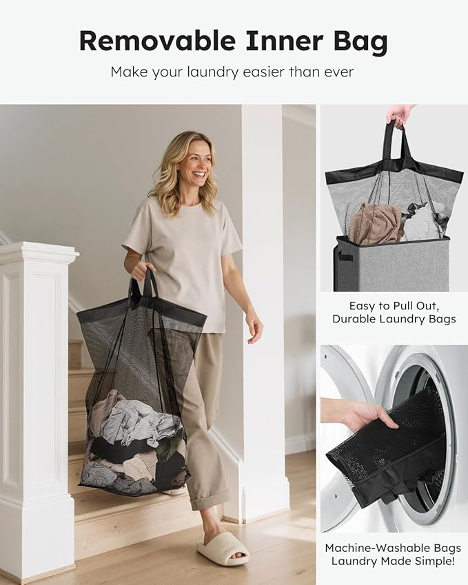 SOLEDI Laundry Hamper with Lid 90L Large & Tall Collapsible Laundry Basket, Clothes Hamper with Bag Removable Easy to Carry, 