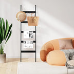 ELYKEN Blanket Ladder for Living Room, Farmhouse 5-Tier Quilt Holder with 4 Removable Hooks for Bathroom, Wood Towel Rack Dis