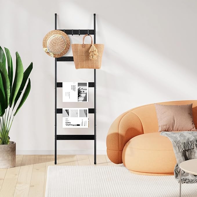 ELYKEN Blanket Ladder for Living Room, Farmhouse 5-Tier Quilt Holder with 4 Removable Hooks for Bathroom, Wood Towel Rack Dis