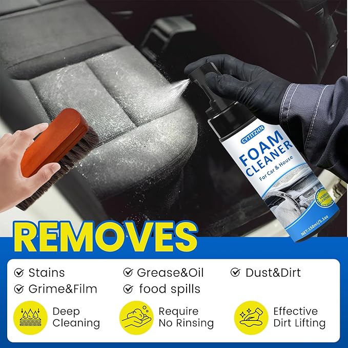 Car Interior Cleaner Kit – All-Purpose Foam Cleaner for Leather, Fabric, Vinyl, Plastic, Carpet & Upholstery | Deep Stain Rem