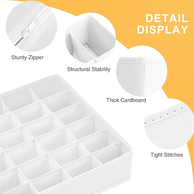 Sock Organizer 4 Pack, 24 Cell Foldable Underwear & Sock Storage, Drawer Organizer for Ties, Belts. (White)