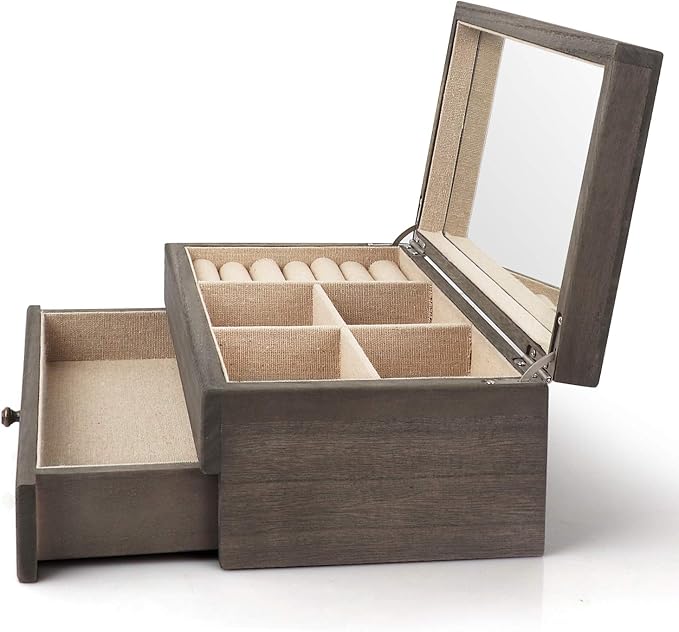 Meangood Jewelry Box Organizer for Women, 2 Layer Large Jewelry Storage Case, Rustic Wooden Jewelry Box with Mirror & Ring Tr