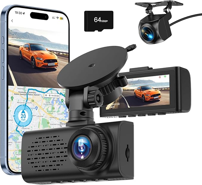 4K Dash Cam Front and Rear, 4K+1080P Dashcam, Dash Camera for Cars with 5GHz WiFi & App Control, GPS, 64GB Card, 24H Parking 