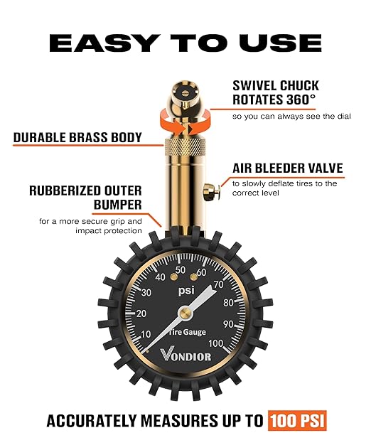 Vondior Tire Pressure Gauge (0-100 PSI) Certified ANSI Accurate with Large 2 Inch Easy to Read Glow Dial, Low - High Air Pressure Gauge. Tire Gauge for Car and Trucks Tires