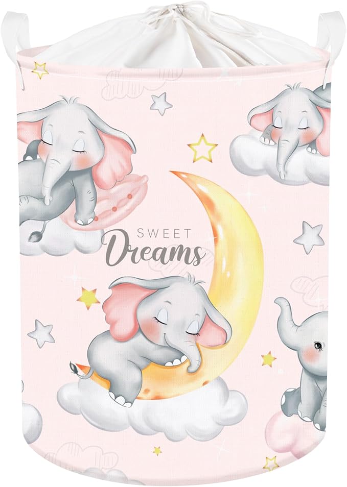Clastyle Sleeping Elephant Kid Laundry Basket Pink Baby Girls Clothes Hamper for Nursery Collapsible Star Moon Towel Toy Stor