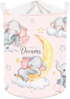Clastyle Sleeping Elephant Kid Laundry Basket Pink Baby Girls Clothes Hamper for Nursery Collapsible Star Moon Towel Toy Stor