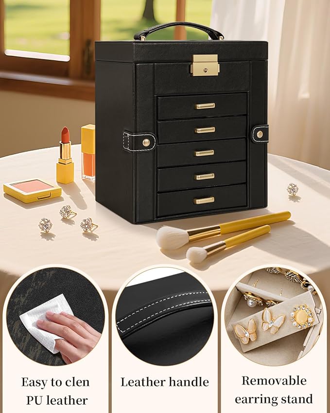 TORIBIO Large Jewelry Box for Women, Leather Jewelry Organizer with Mirror & Lock, 6-Tier Jewelry Storage Case for Girls/Wome