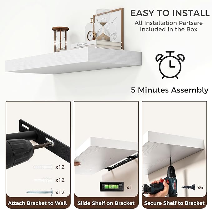 Floating Shelves for Wall, 30" W x 12" D x 2" H, 2 Pack of Long Wall Mounted Engineered Wood Shelves with Invisible Brackets 
