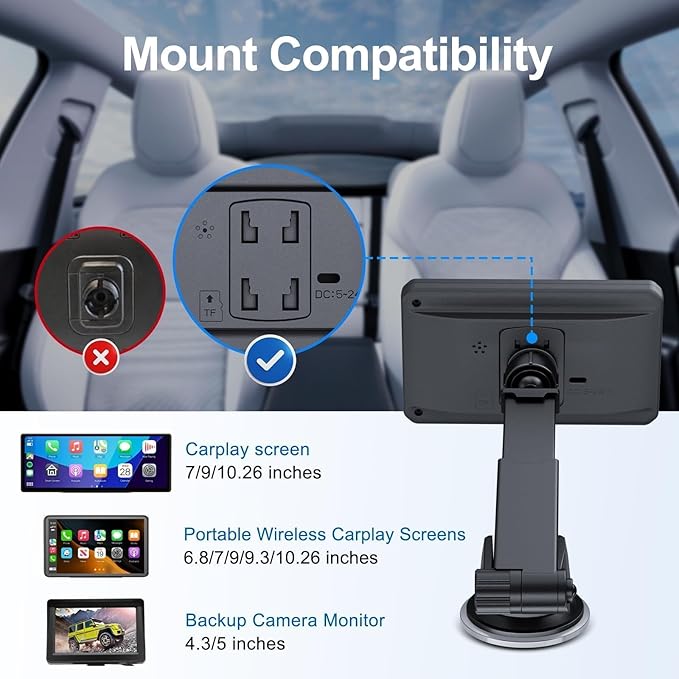 EWAY Suction Cup Mount for CarPlay Display, Backup Camera Monitor, Extended Arm with 360° Rotation, 4-Tab Bracket Replacement Dashboard Windshield Holder for 7-11" Apple Carplay, Android Auto Screens