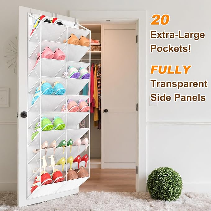 UVIAHOMI 20-30 Pairs Over the Door Shoe Organizer, Clear Pockets Hanging Shoe Storage for Closet, 10-Tier Door Shoes Rack, Ha