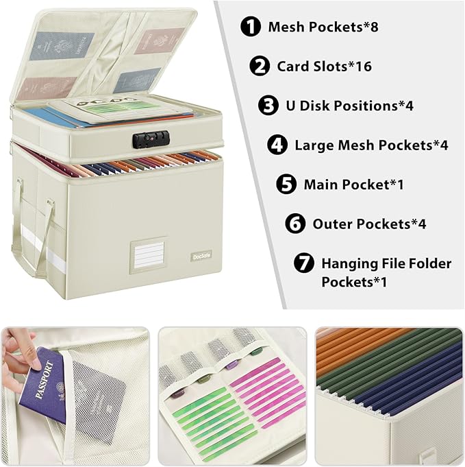 DocSafe File Box with Lock,Multi-Layer Fireproof Document Box Collapsible File Storage Organizer with Pockets/Handle,Large Po