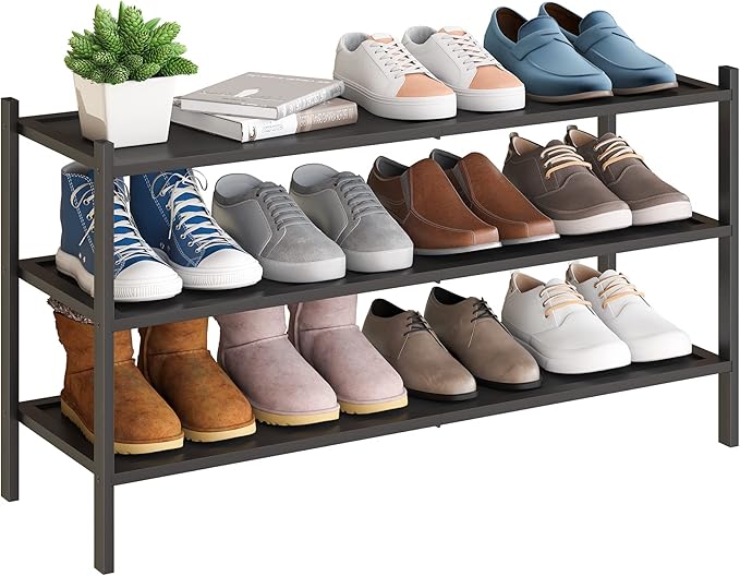 BMOSU 3-Tier Bamboo Extended Shoe Rack Premium Stackable Shoe Shelf Storage Organizer for Hallway Closet Living Room Entryway