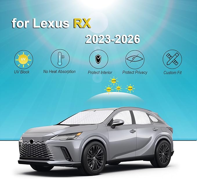 KMF 8pcs Thicken Sun Shades for Lexus RX 2023-2026 Accessories, RX350 Windshield Sunshade Full Car Window Covers for Side Rear, UV Block and Blackout Protect Privacy for Car Camping
