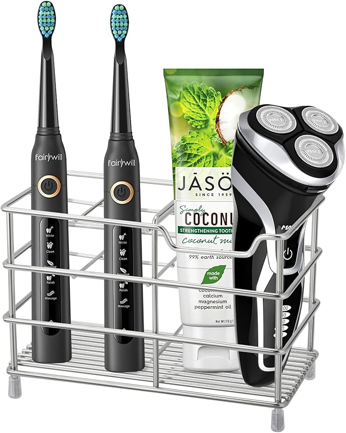 Urbanstrive 304 Stainless Steel Bathroom Toothbrush Holder Toothpaste Holder Stand Bathroom Accessories Organizer (Silver, La