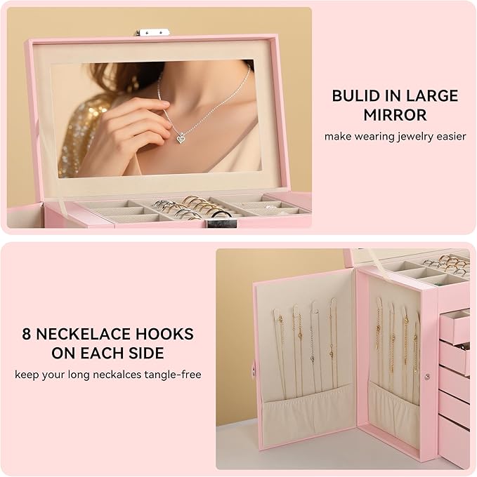 Frebeauty Large Jewelry Box,6-Tier PU Leather Jewelry Organizer,Multi-functional Storage Case with Mirror,Accessories Holder 
