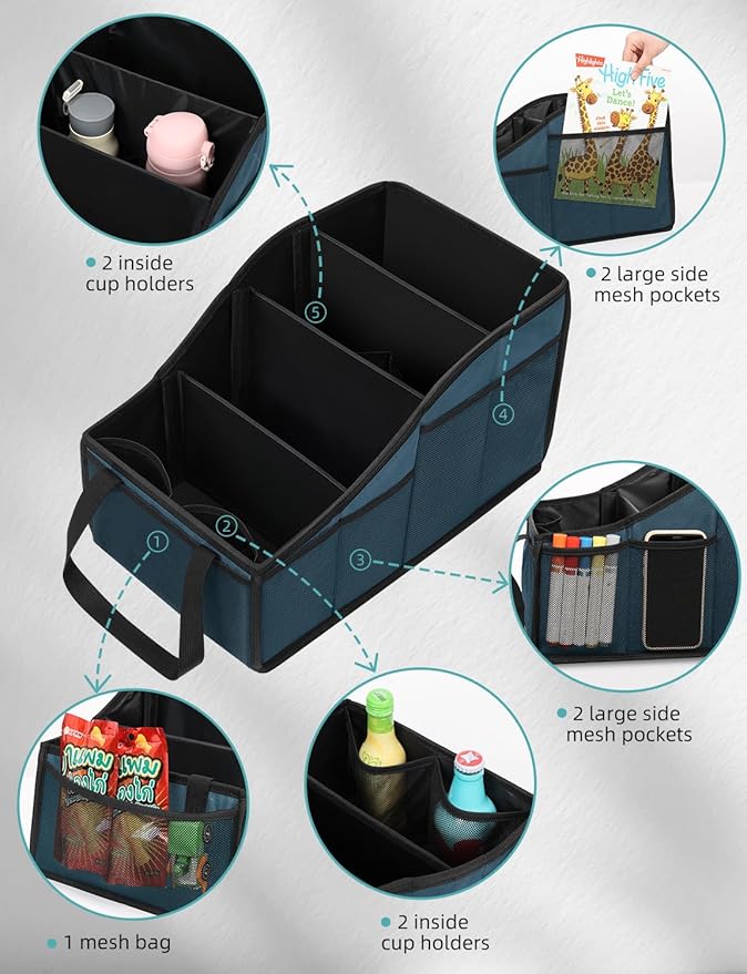 YOHOOLYO Car Seat Organizer Backseat Car Organizer with 4 Compartments, 4 Cup Holders and 7 Mesh Pockets for Front and Rear Seat, Blue