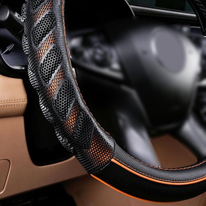 Flying Banner car Steering Wheel Cover Faux Leather Massage Universal fit 3D Honeycomb Hole Anti-Slip Sporty 15 Inches (Orang