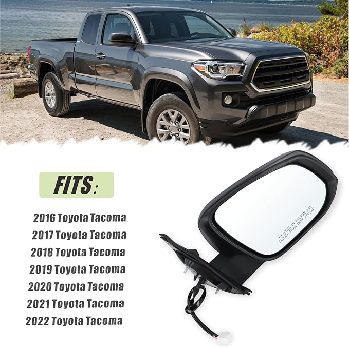Right Passenger Side Mirror Compatible With 2016 2017 2018 2019 2020 2021 2022 Toyota Tacoma With Manual Folding Power Glass Heated Matte Black Replace#8791004220 (5Pins)