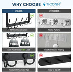 TICONN Over The Door Hooks, 5 Heavy Duty Tri Coat Rack All Metal Coat Hanger for Bathroom Bedroom Dorm (Matte Black, 1PK, Fit