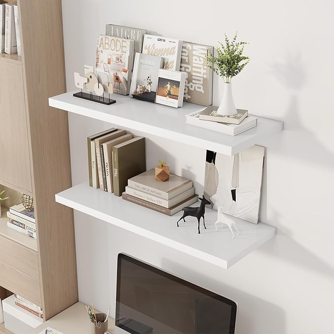 Dreamland 36" Floating Shelves for Wall, 12" Deep Slim White Floating Shelves, Wall-Mounted Shelves for Bedroom, Living Room,