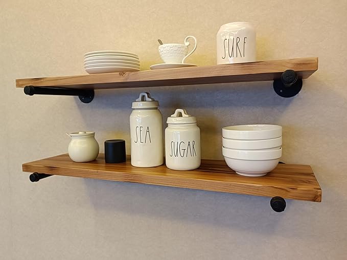 Industrial Pipe Wall Wood Shelves,Real Wooden Shelves 36" in Special Brown Color with 1.2" Extra Thickness, Modern Floating S