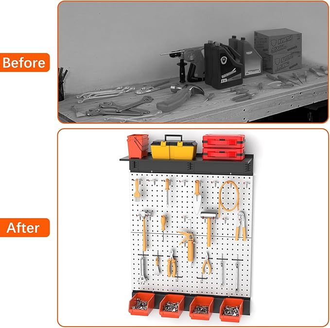 TORACK Metal Pegboard with Accessoreis for Garage Wall, Tool Organizer Pegboard with Hooks, Wall Mounted Bins/Shelf, Tool Sto