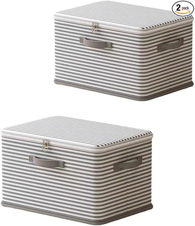 Foldable Storage Containers, Beige Striped Fabric Boxes with Lids, Stackable Closet Organizer Bins for Bedroom, Clothing Stor