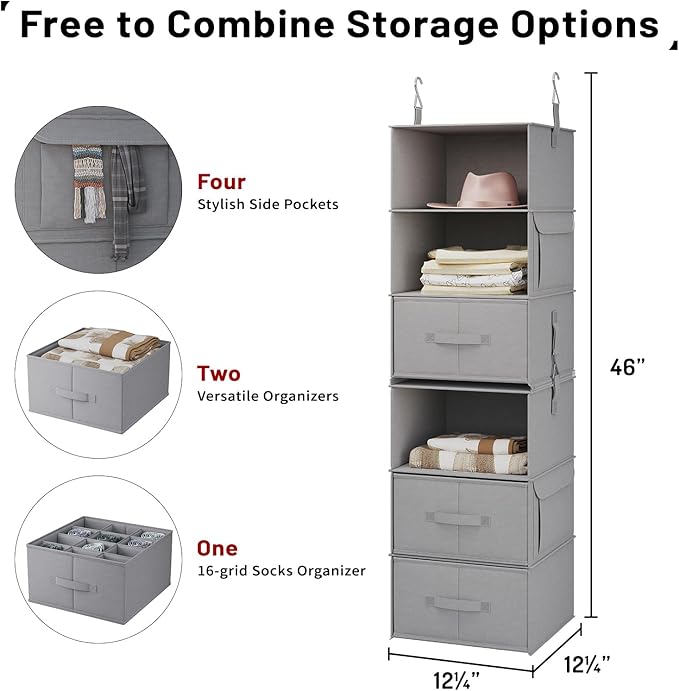 Vailando 6-Tier Hanging Shelves for Closet, Two 3-Shelf Hanging Closet Organizer w/ 4 Side Pockets and 3 Drawers, Combinable 