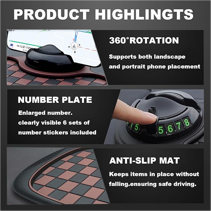 Multifunction Car Anti-Slip Mat, 2025 New Rotatable Anti Skid Car Dashboard Pad with Temporary Parking Numbe and Large Pad, P
