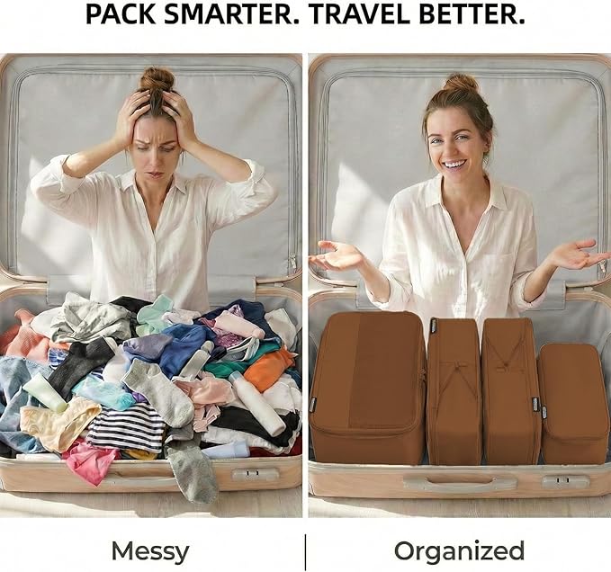 4 Piece Compression Packing Cubes for 3–7 Day Travel, Lightweight Travel Organizers with Breathable Mesh, Double-Zipper Packi